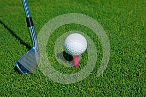 Golf club and ball in grass