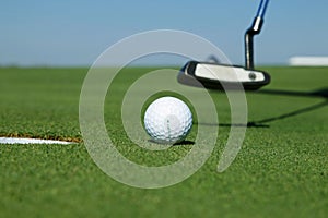 Golf club and ball in grass