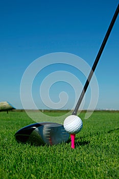 Golf club and ball in grass