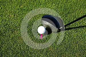 Golf club and ball in grass