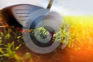 Golf club and ball in grass