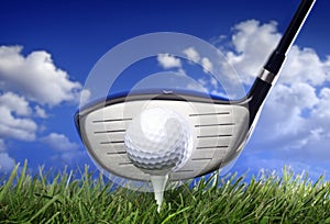 Golf club and ball in grass