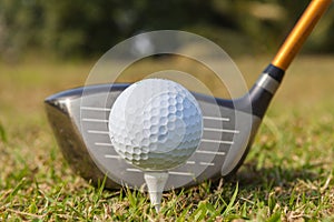 Golf club and ball in grass