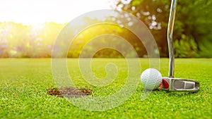 Golf club and ball in grass, Golf club and golf ball close up in grass field with sunset