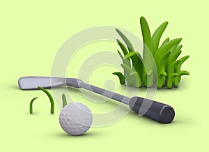 Golf club and ball, green grass on yellow background. Realistic scene, modern sport