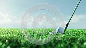 Golf club and ball nestled in lush grass, setting the stage for precision. Ai Generated