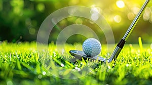 Golf club and ball nestled in lush grass, setting the stage for precision. Ai Generated