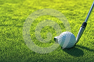 Golf club and ball nestled in verdant grass, precision scene