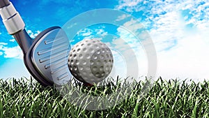 Golf club and ball standing on green grass. 3D illustration