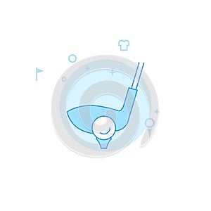 Golf Club, Ball and Tee Flat Vector Illustration, Icon. Light Blue Monochrome Design. Editable Stroke