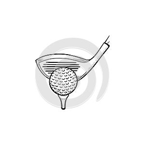 Golf club and ball on tee hand drawn outline doodle icon.