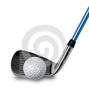 Golf club and ball on white