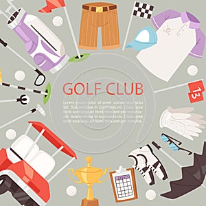 Golf club cartoon poster background vector illustration. Bag with golfer clubs, cloths, golfing car and red flag, winner