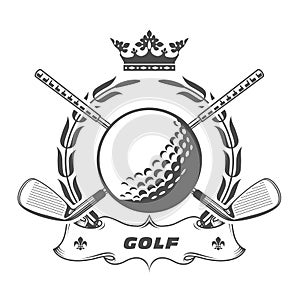 Golf club emblem, crossed golf clubs and ball, laurel wreath and banner, award