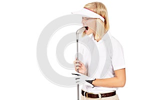 Golf, club and frustrated sports woman with marketing mock up, studio advertising space or angry over game. Bite