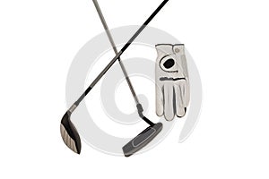 Golf club and glove on white background