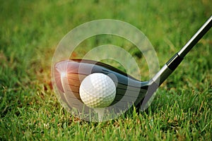 golf club and golf ball close up in grass field with sunset. Golf ball close up in golf coures