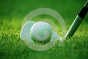 golf club and golf ball close up in grass field with sunset. Golf ball close up in golf coures