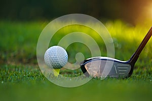 Golf club and golf ball on tee close up in grass field with morning sunshine