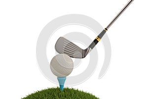 Golf club with golf ball on tee isolated on white background. 3D illustration.