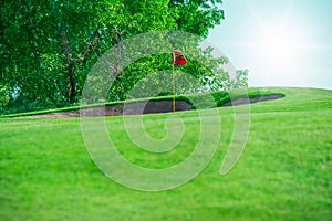 Golf club. Green field and ball in grass