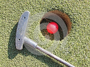 Golf club green grass golf field and ball in hole