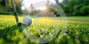 golf club hits a ball on green grass on lawn at golf course on sunny summer day close-up