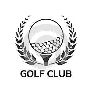 Golf club logo, badge or icon with ball on tee and laurel wreath. Vector illustration.