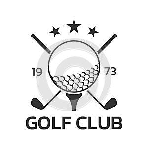 Golf club logo, badge or icon with crossed golf clubs and ball on tee. Vector illustration.