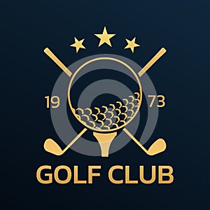 Golf club logo, badge or icon with crossed golf clubs and ball on tee. Vector illustration.