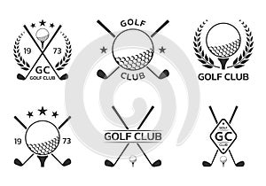 Golf club logo, badge or icon set with crossed golf clubs and ball on tee. Vector illustration.