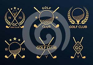 Golf club logo, badge or icon set with crossed golf clubs and ball on tee. Vector illustration.