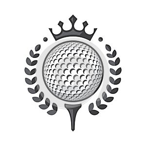Golf club logo. Golf ball on tee with wreath and crown. Vector illustration