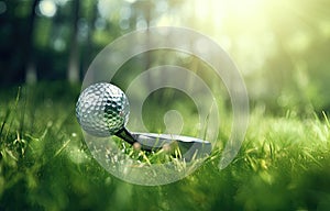 a golf club on top of a ball in grass