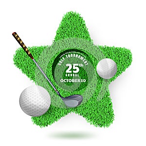 Golf club tournament, poster banner design template. Star shape golf course with balls and clubs. Vector illustration