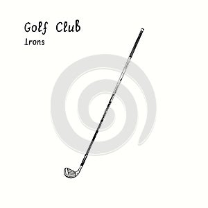 Golf Club types. Irons. Ink black and white doodle drawing