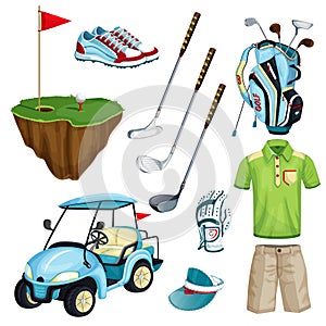 Golf club vector cartoon icons and design elements set. Golf cart, ball, club, bag and clothes illustration.