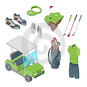 Golf club vector 3d isometric icons and design elements set. Golf cart, ball, club, bag and clothes flat illustration.