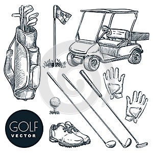 Golf club vector hand drawn icons and design elements set. Golf cart, ball, club, bag, accessories sketch illustration