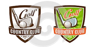 Golf club vintage badge. Golf stick and ball retro emblem.