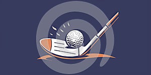 Golf club with white golf ball resting on its clubhead. Golf course during play. Illustration in drawn art style.