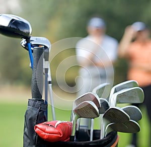 Golf clubs in bag at golf course