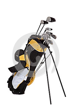 Golf clubs and bag on white