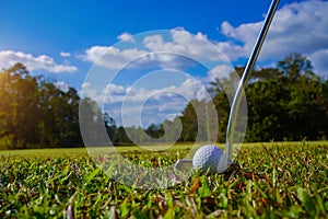 Golf clubs and golf balls on a green lawn in a beautiful golf course with morning sunshine. golf ball on green grass ready to hit