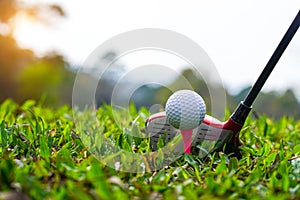 Golf clubs and golf balls on a green lawn in a beautiful golf course with morning sunshine. golf ball on green grass ready to hit