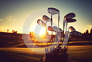 Golf clubs on golf course at sunset. Generative AI