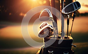Golf clubs on golf course at sunset. Generative AI