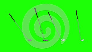 Golf clubs rotate on green screen. 3d animation
