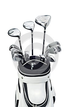 Golf clubs in a white bag on white background