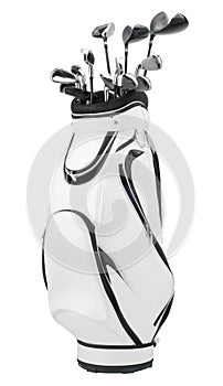 Golf clubs in white and black bag isolated on white